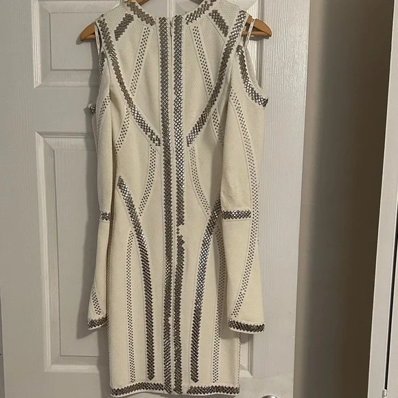 Herve Leger White and Silver Long Sleeve Dress - Picture 3 of 9
